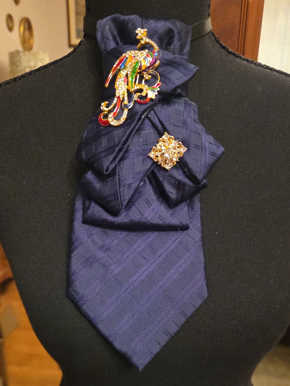 Men's Navy Blue Cravat with Decorative Brooches
